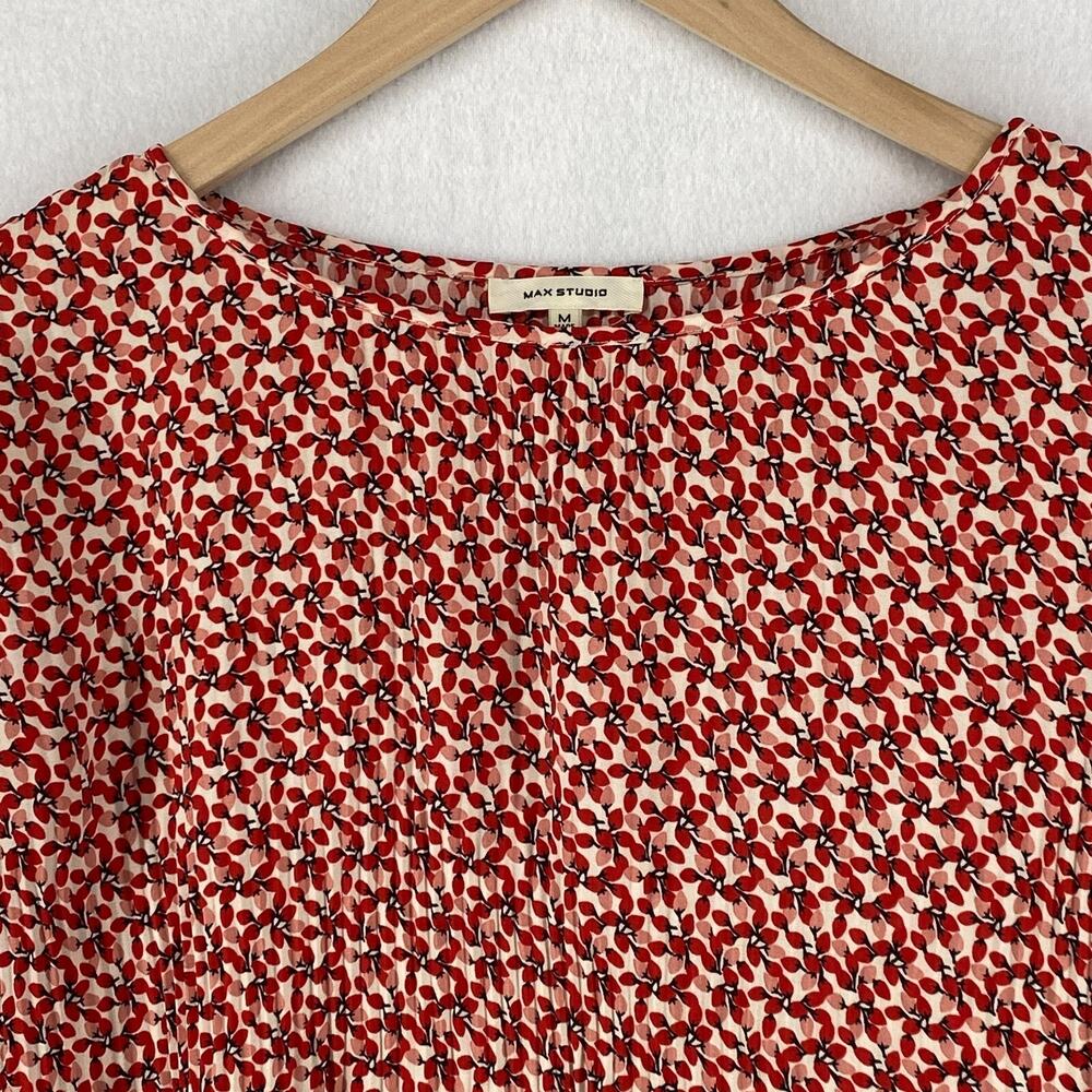 MAX STUDIO Blouse M Peasant Top Boxy Floral Round Neck Flared Sleeve Red - Picture 6 of 13